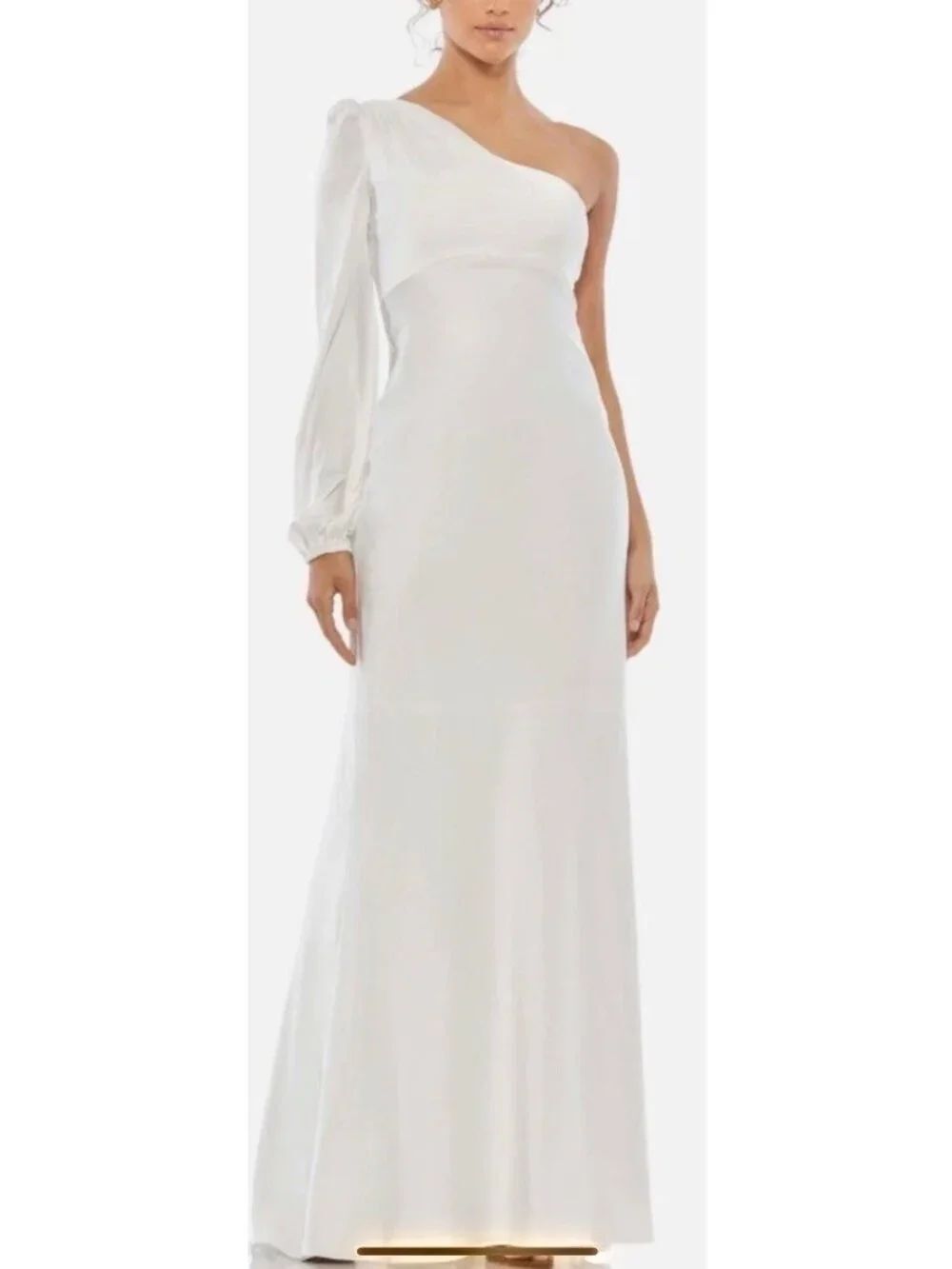 Mac Duggal 55401 White One Shoulder Blouson Sleeve Gown Dress Size 4